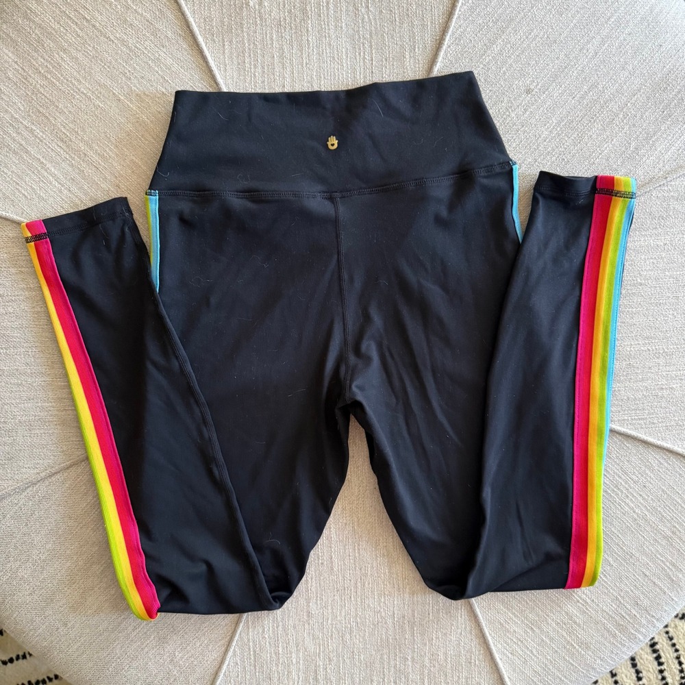 Spiritual Gangster High Waist Leggings Black Rainbow Side Stripe Yoga Pilates M
